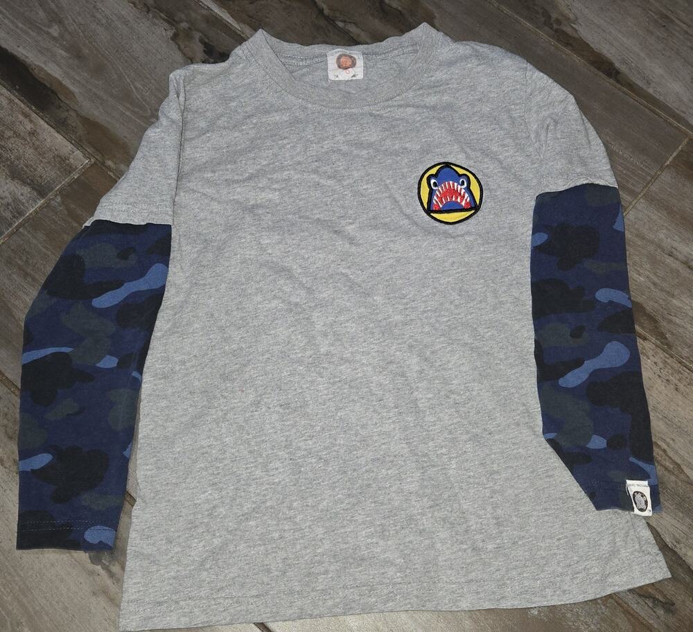 Boys Shark Graphic Layered Long Sleeve Shirt Youth 14 Gray Blue Camo